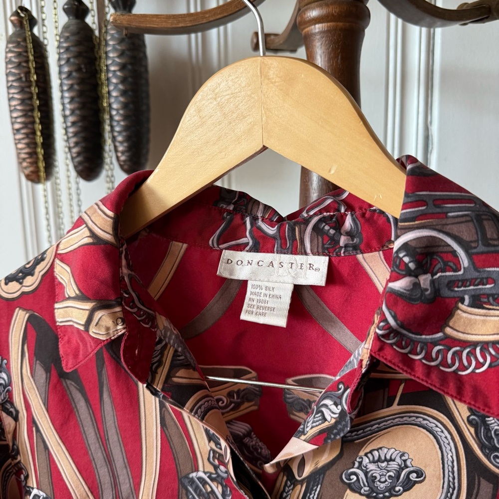 Vintage Silk Horse Bit Equestrian Print Red Button Down Blouse - Picture 3 of 5